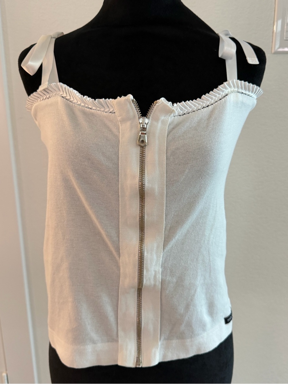DOLCE & GABBANA Vintage White Zip Up Bustier Tank Tie Ribbon Straps Size 46 GVC